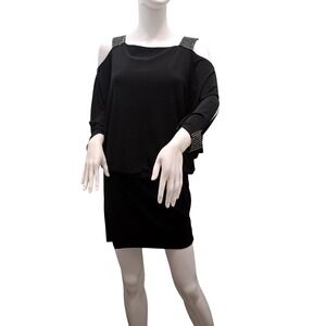 Betsy & Adam Black Rhinestone Cold Shoulder Dress Sz 10 Dolman Sleeve Mini Bat‎